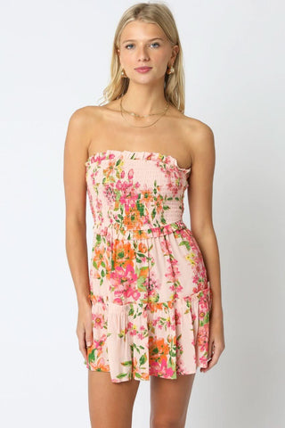 Strapless pink floral mini dress in our floral dresses edit