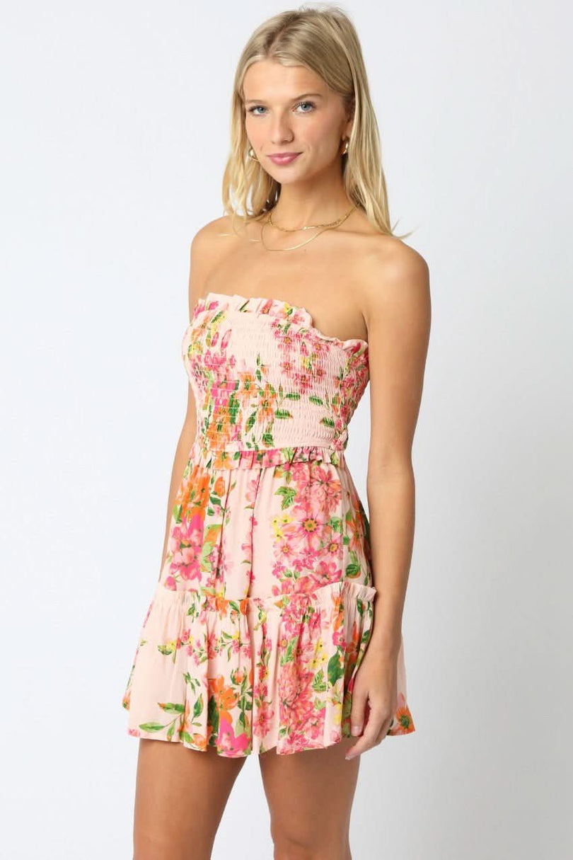 Pink Floral Smocked Strapless Mini Dress