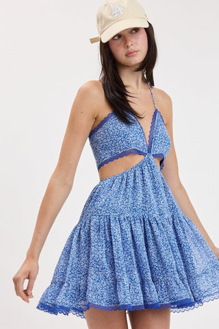 Garden Muse Blue Floral Halter Dress Front View | Boho Pink