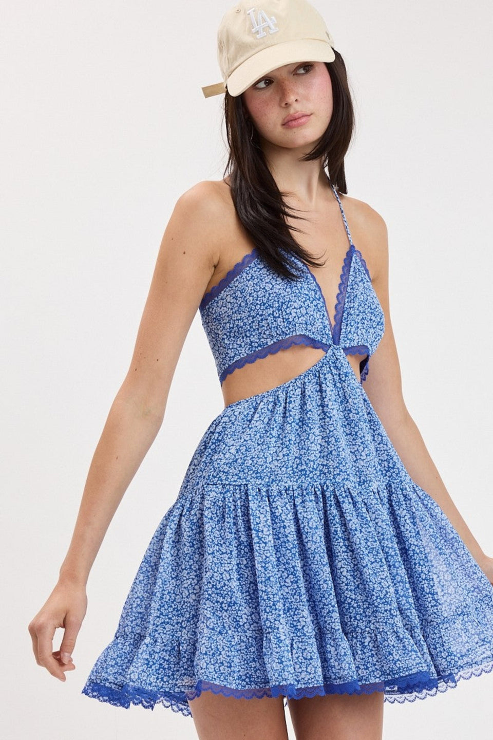 Garden Muse Blue Floral Halter Dress Front View | Boho Pink