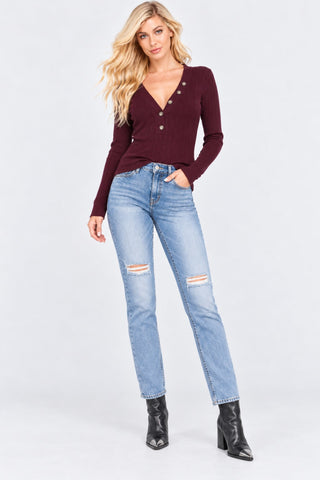 Gina Eggplant Henley Sweater - Outfit View