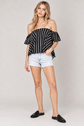 Glamorous Black and White Striped Off-the-Shoulder Top - Outfit View