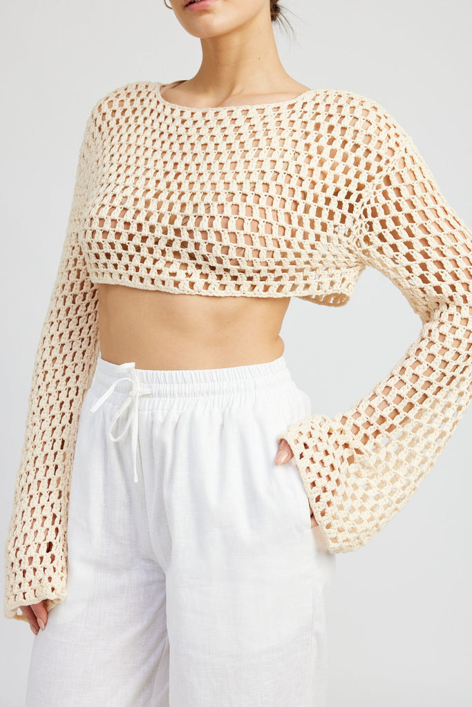 Beige Bell Sleeve Crochet Top