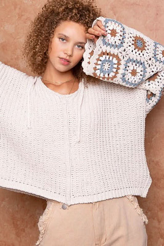 Cameron Beige Grandma Crochet Wide Bell Sleeve Sweater - Front View