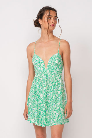 Lucia aqua green floral corset cami mini dress with plunging neckline - front view