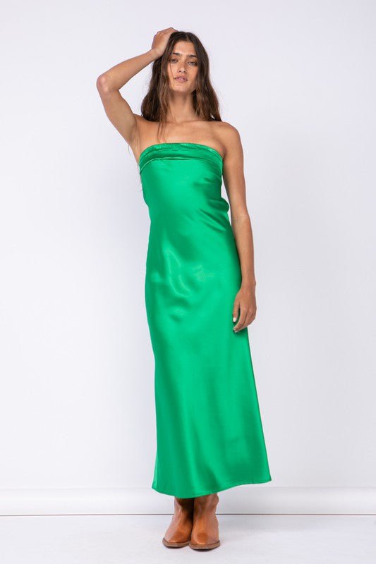 Green Satin Strapless Maxi Dress