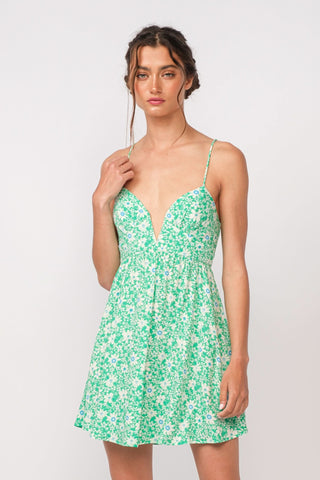 Lucia aqua green floral corset cami mini dress with plunging neckline and flared skirt