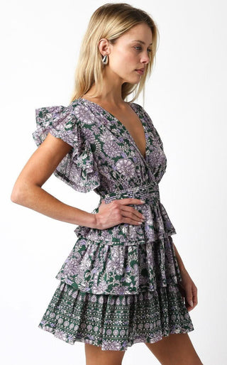 Jodie Green Floral Tiered Ruffle Mini Dress - Side View