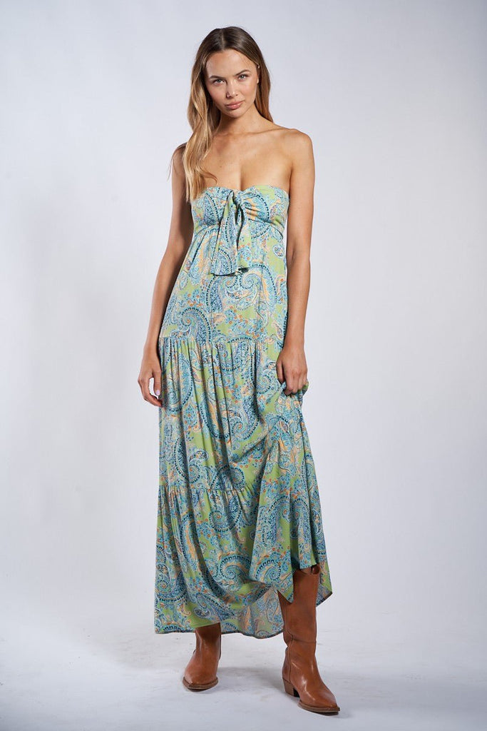 Green Paisley Floral Strapless Maxi Dress