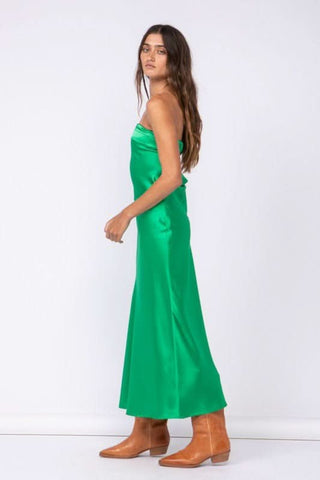 Irene Green Satin Strapless Cowl Back Maxi Dress with an overflap neckline - Side