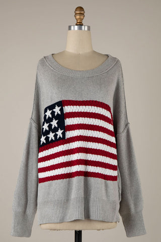 Land of Free Grey Oversized American Flag Sweater - Front View