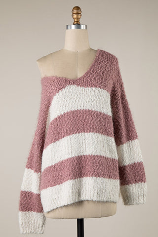 Mauve and White Striped Oversized Sweater - V-Neck Pullover for Women
