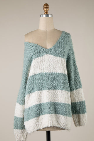 Mint and White Striped Oversized Sweater - V-Neck Pullover for Women