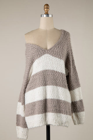 Mocha and White Striped Oversized Sweater - V-Neck Pullover for Women