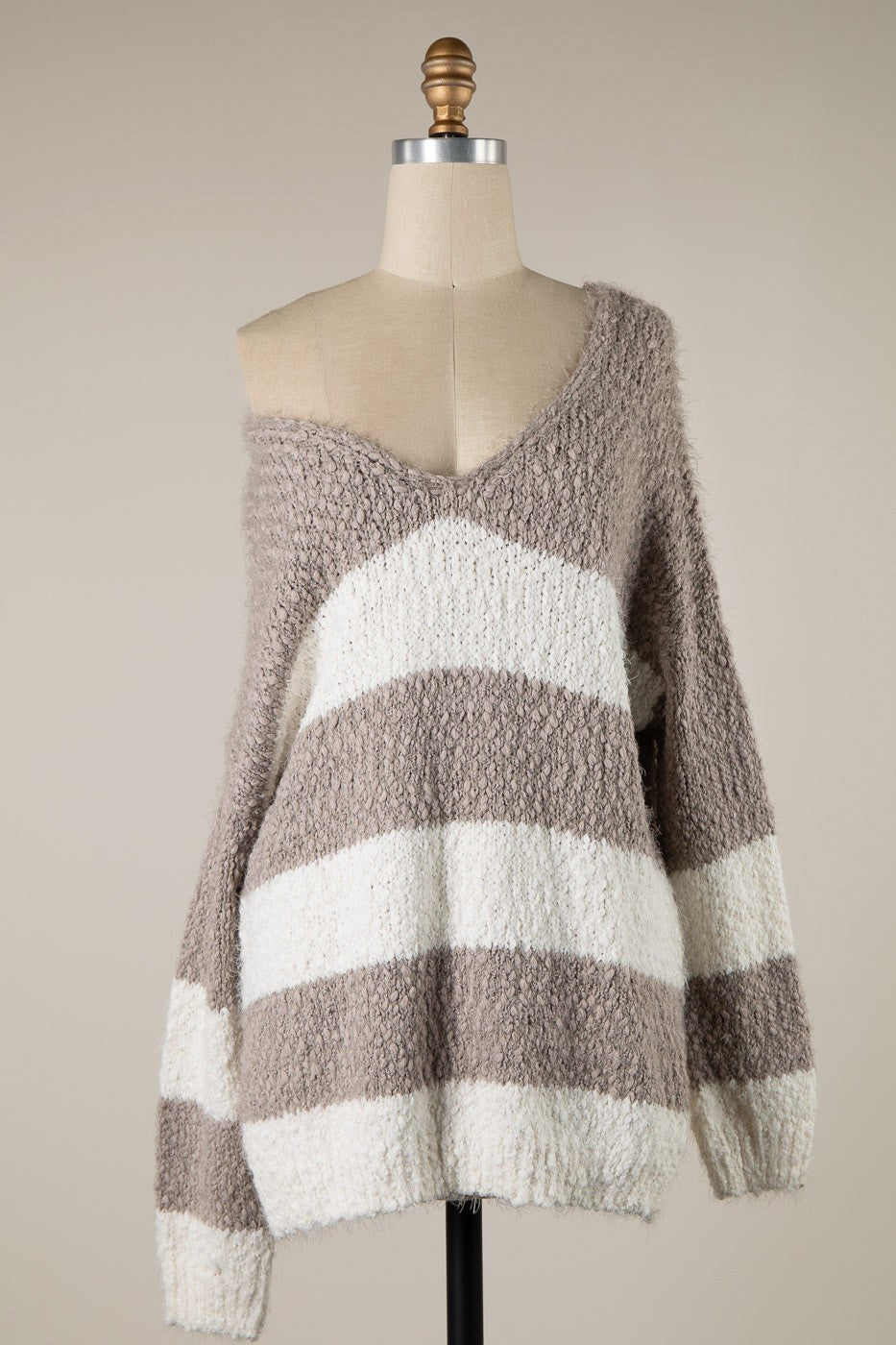 Gwyneth Mocha Striped V Neck Pullover - Front View