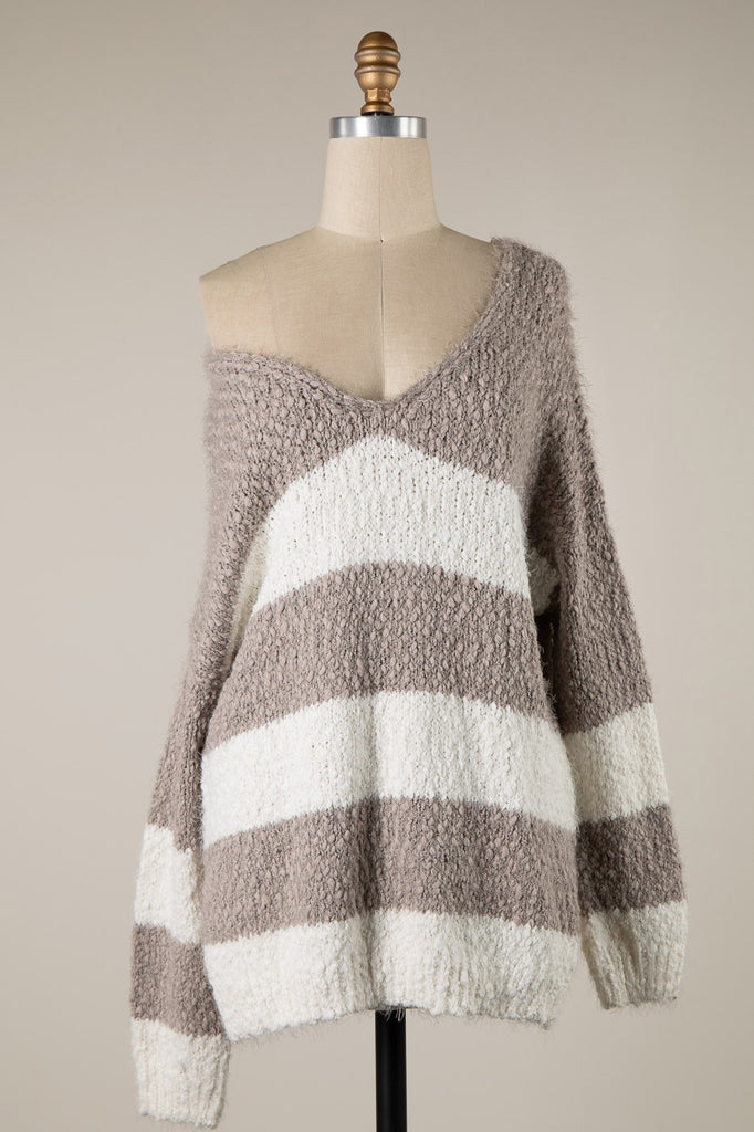 Gwyneth Mocha Striped V Neck Pullover - Front View