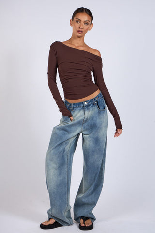 Hard to Get Brown Off-the-Shoulder Top - Front Outfit