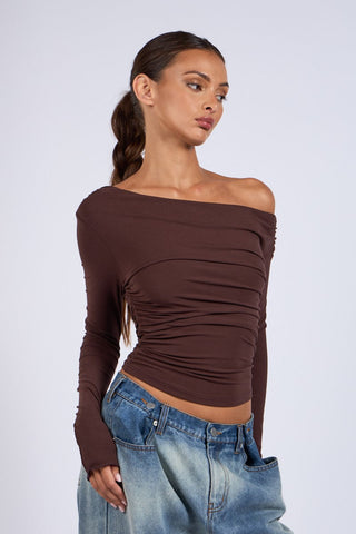 Hard to Get Brown Off-the-Shoulder Top - Side 