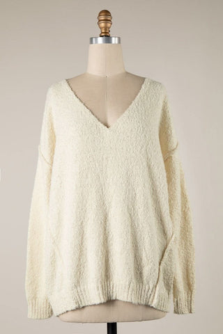 Harlow Cream V-Neck Pullover Sweater in soft knit fabric, front view.