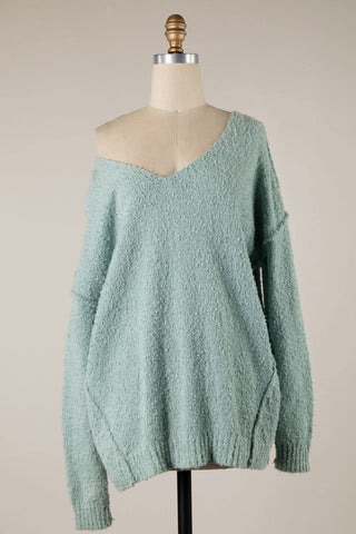Harlow Mint V-Neck Pullover Sweater in soft knit fabric, front view.