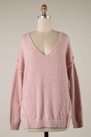 Harlow Pink V-Neck Pullover Sweater in soft knit fabric, front view.