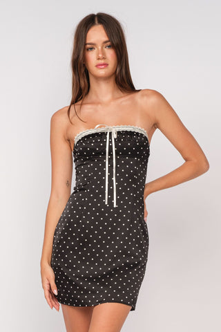 Harper Black Polka Dot Strapless Mini Dress with ribbon trim and satin bodycon silhouette