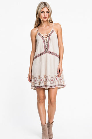 Heart of Mine Taupe Embroidered Shift Dress - Front View
