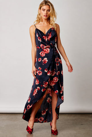 Heidi navy floral satin wrap maxi dress front view