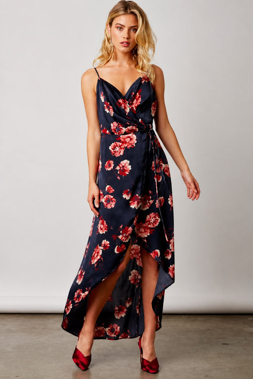 Heidi navy floral satin wrap maxi dress front view