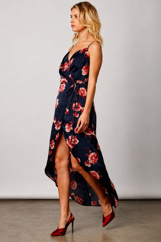navy satin floral wrap dress side view flowy skirt