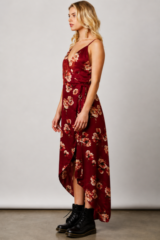 wine floral satin wrap maxi dress side view