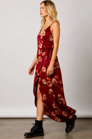 Heidi wine floral wrap maxi dress walking movement
