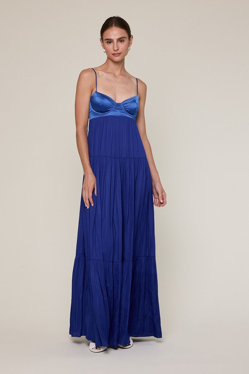 Blue Satin Corset Tiered Maxi Dress | Boho Pink Blue Satin Corset Tiered Maxi Dress | Boho Pink