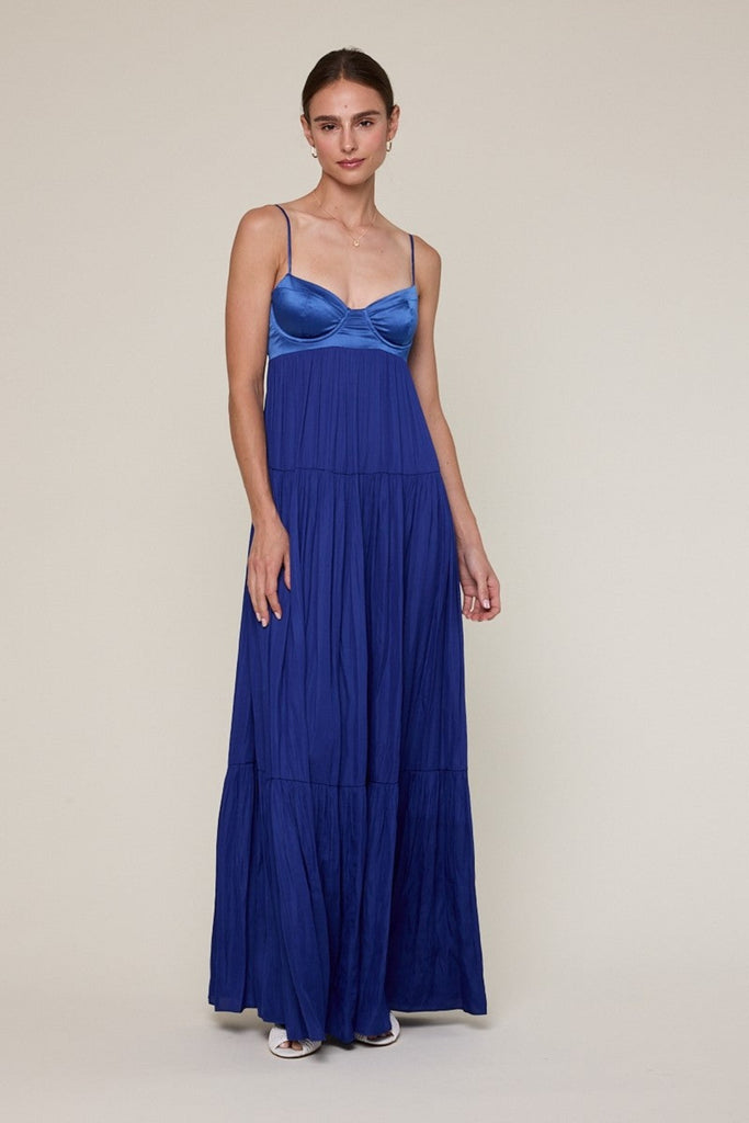 Blue Satin Tiered Maxi Dress - Corset Gown