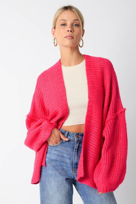 Hot Pink Puff Sleeve Cardigan