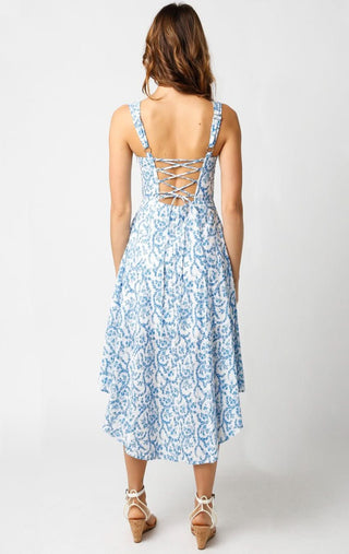 Ios White and Blue Floral Corset Midi Dress - Back View