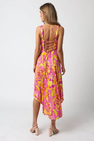 Ios Pink and Yellow Floral Corset Midi Dress - Back View