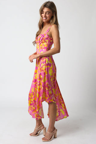 Ios Pink and Yellow Floral Corset Midi Dress - Side View