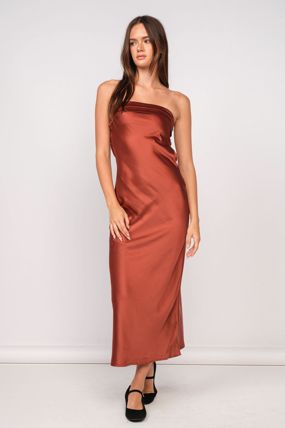 Irene Rust Satin Strapless Maxi Dress - Size S - Body Skimming Fit - Cowl Back - Perfect for Date Night - Brand: Sky To Moon Irene Rust Satin Strapless Maxi Dress - Size S - Body Skimming Fit - Cowl Back - Perfect for Date Night - Brand: Sky To Moon