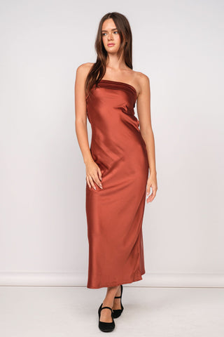 Irene Rust Satin Strapless Maxi Dress - Front