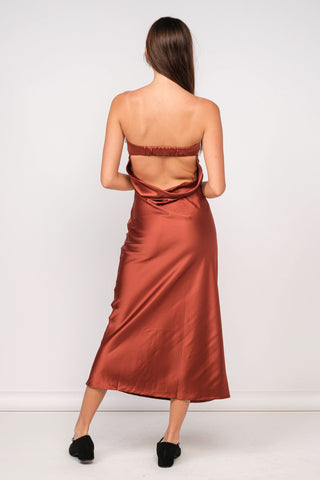 Irene Rust Satin Strapless Maxi Dress - Back View