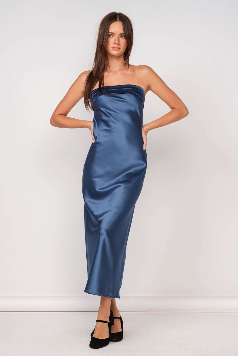 Navy Satin Strapless Cowl Back Maxi Dress | Boho Pink Navy Satin Strapless Cowl Back Maxi Dress | Boho Pink