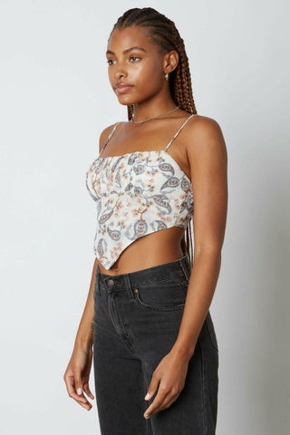 ivory paisley floral crop top handkerchief hem detail
