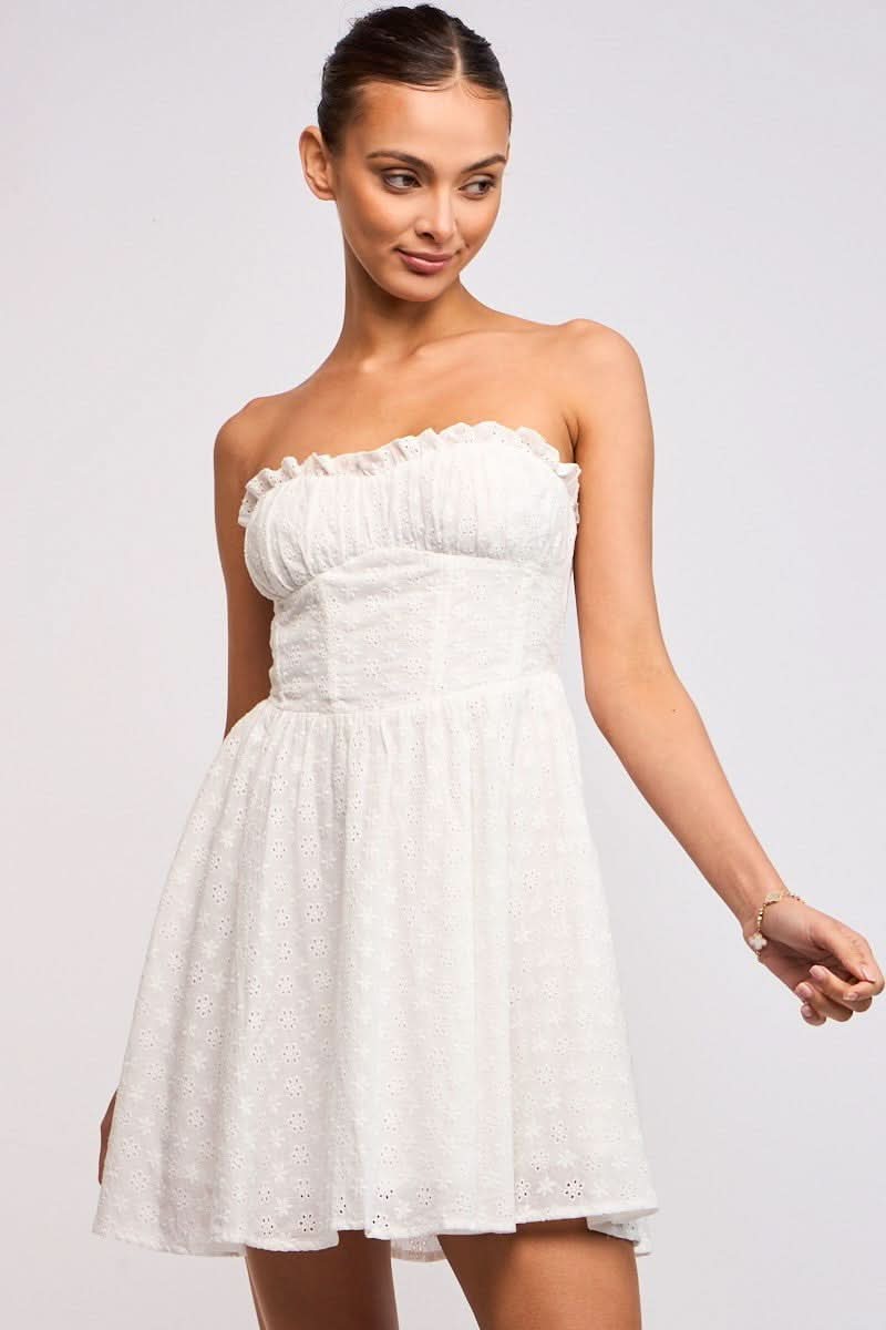 Jaida White Eyelet Strapless Mini Dress - Size S - Sky to Moon - corset - sorority - rush - initiation - graduation - homecoming - summer - vacation Jaida White Eyelet Strapless Mini Dress - Size S - Sky to Moon - corset - sorority - rush - initiation - graduation - homecoming - summer - vacation