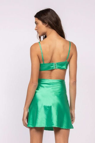 Jamie Green Satin O-Ring Dress back view | Boho Pink