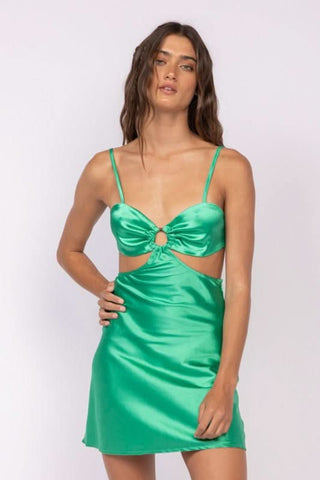 Jamie Green Satin O-Ring Dress styled for party