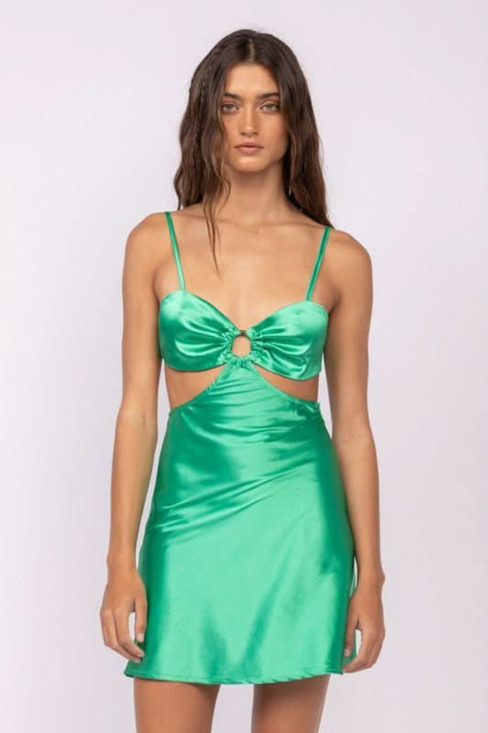 Jamie Green Satin O-Ring Dress - Size M - Adjustable Cami Straps, Plunging Neckline, Mini Hem