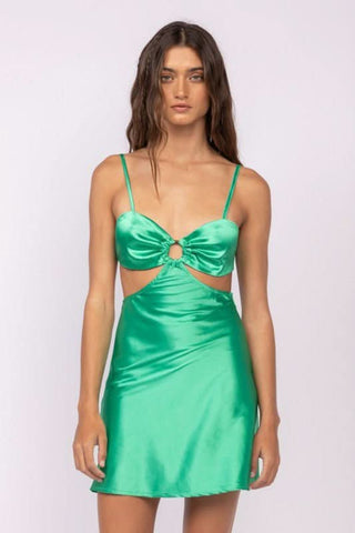 Jamie Green Satin O-Ring Dress front view | Boho Pink