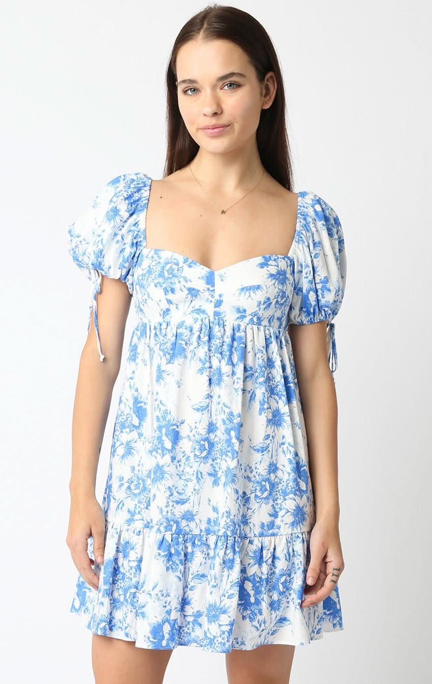 Jessie Blue Floral Babydoll Mini Dress by Olivaceous - Sweetheart Neckline, Puffy Sleeves, Ruffle Hem - Size M Jessie Blue Floral Babydoll Mini Dress by Olivaceous - Sweetheart Neckline, Puffy Sleeves, Ruffle Hem - Size M