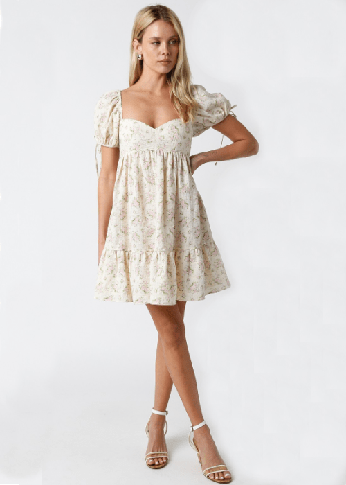 Cream and Pink Floral Babydoll Mini Dress styled as a floral graduation dress